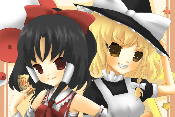 2girls :d ascot bad_id black_hair blonde_hair bow braid collar detached_sleeves female grin hair_bow hair_tubes hakurei_reimu hat japanese_clothes kirisame_marisa long_sleeves looking_at_viewer miko multiple_girls open_mouth ponytail puffy_short_sleeves puffy_sleeves red_bow red_eyes short_sleeves sidelocks single_braid smile teeth toda_ayu touhou upper_body vest witch witch_hat