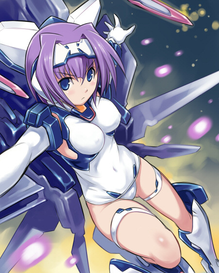 1girl blue_eyes blush breasts detached_sleeves erect_nipples exelica garters maruto! mecha_musume medium_breasts one-piece_swimsuit purple_hair school_swimsuit short_hair solo swimsuit trigger_heart_exelica white_school_swimsuit white_swimsuit