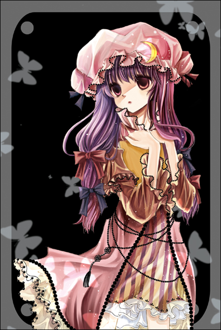 1girl :o bad_id blush book cowboy_shot crescent dress female grimoire hands_on_own_chest hat holding holding_book long_hair long_sleeves mob_cap parted_lips patchouli_knowledge purple_dress purple_hair rabishia sidelocks solo standing striped touhou vertical_stripes very_long_hair violet_eyes