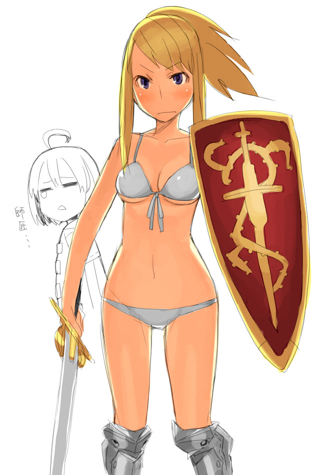 1boy 1girl agrias_oaks armor atlus bikini blonde_hair blue_eyes blush final_fantasy final_fantasy_tactics lowleg lowleg_bikini paladin_(sekaiju) parody ramza_beoulve sekaiju_no_meikyuu shield swimsuit sword weapon yu_65026