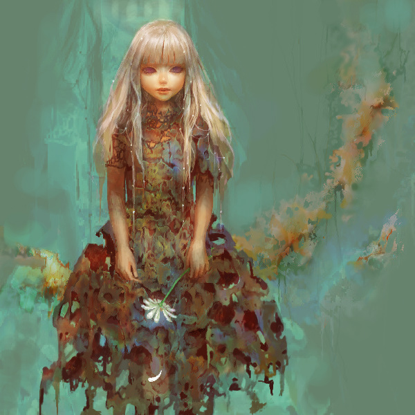 1girl blonde_hair flower lips lo_(artist) long_hair original red_eyes solo surreal torn_clothes violet_eyes
