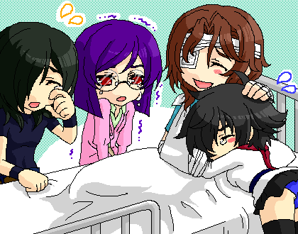 1girl 3boys allelujah_haptism bandage genderswap glasses gundam gundam_00 lockon_stratos lowres multiple_boys oekaki panties setsuna_f_seiei tears thigh-highs tieria_erde underwear