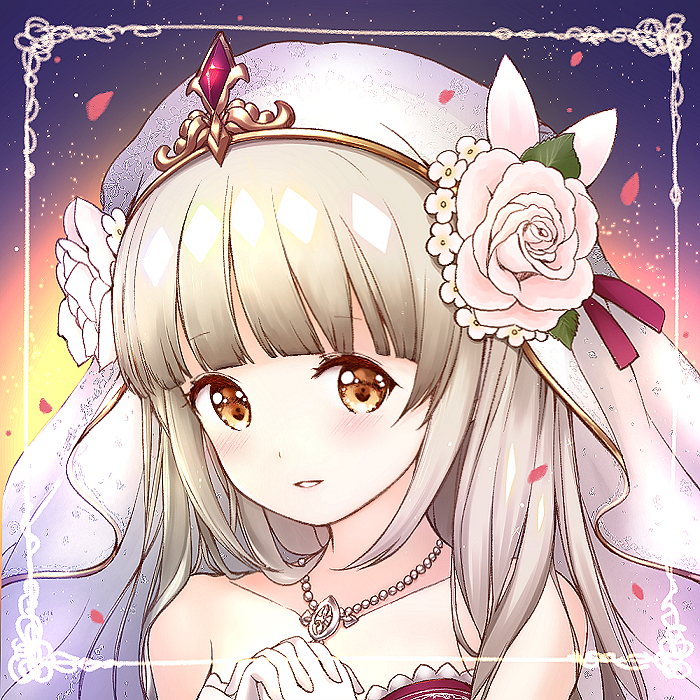 1girl bare_shoulders blush brown_eyes brown_hair catbell flower hair_flower hair_ornament hands_clasped jewelry long_hair necklace own_hands_together rose smile solo