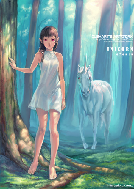 1girl bare_shoulders barefoot brown_hair dress krenz legs long_hair original pointy_ears red_eyes see-through solo unicorn you_gonna_get_raped