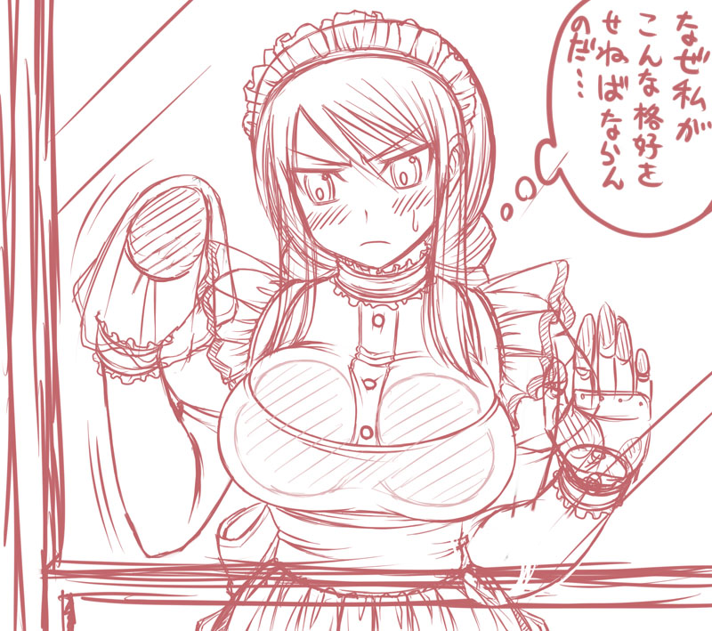 1girl against_glass agrias_oaks angry blush braid breast_press breasts breasts_on_glass d_kurouri final_fantasy final_fantasy_tactics large_breasts maid monochrome sketch solo thought_bubble translated translation_request