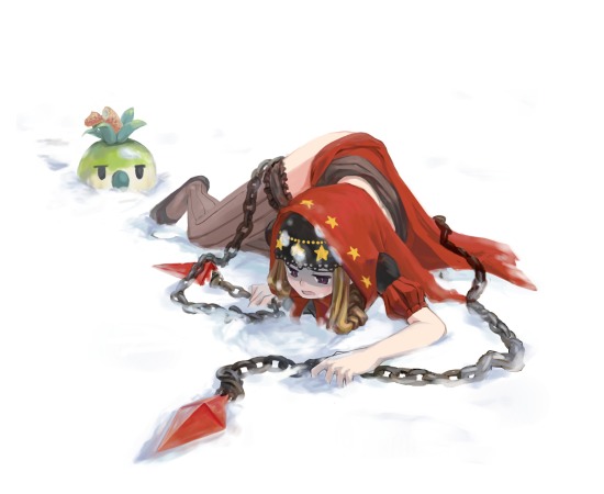 1girl bad_id blonde_hair brown_legwear chains cloak dress full_body hiz hood hooded_cloak long_hair long_sleeves looking_at_viewer lying monster odin_sphere on_stomach red_dress solo thigh-highs velvet_(odin_sphere) you_gonna_get_raped