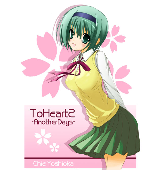 1girl :d blush breasts collared_shirt copyright_name green_eyes green_hair green_skirt large_breasts long_sleeves looking_at_viewer open_mouth pleated_skirt red_ribbon ribbon shirt short_hair skirt smile solo to_heart_2 to_heart_2_ad tomosuke white_shirt yoshioka_chie