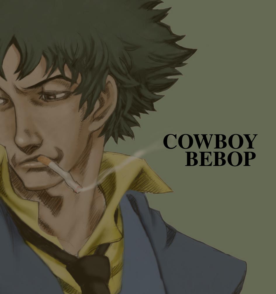 1boy 90s aso brown_eyes cigarette copyright_name cowboy_bebop male_focus necktie one-eyed smoking solo spike_spiegel