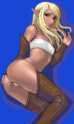 1girl ass bandeau blonde_hair blue_background boots brown_eyes detached_sleeves elf flat_chest gloves lips long_hair lowres matoyama oekaki panties pointy_ears solo strapless tan thigh-highs thigh_boots tubetop underwear