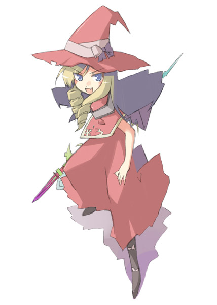 1girl :d atlus bangs blonde_hair blue_eyes boots bow cape doctor_magus dress drill_hair fang fighting_stance flat_chest foreshortening hat holding long_hair looking_at_viewer miaka_(artist) open_mouth salty_(cherrypie) sekaiju_no_meikyuu sekaiju_no_meikyuu_2 shadow sidelocks simple_background smile solo spread_legs staff standing twin_drills twintails witch_hat