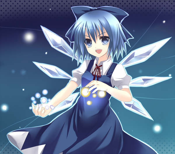 1girl bad_id blue_eyes blue_hair bow cirno female smile solo takase_kanan the_embodiment_of_scarlet_devil touhou wings