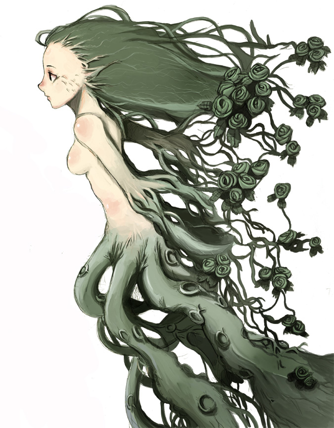 1girl bad_id breasts dryad flower kasa monster_girl nude plant plant_girl profile rose simple_background small_breasts solo tentacle topless vines white_background