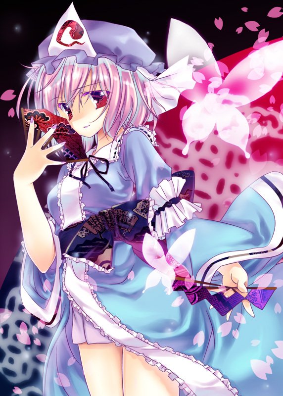 1girl animal arm_garter bare_legs butterfly fan female flying folding_fan frills hat hinohino holding insect japanese_clothes kimono long_sleeves looking_at_viewer mob_cap saigyouji_yuyuko sash solo standing thighs touhou triangular_headpiece