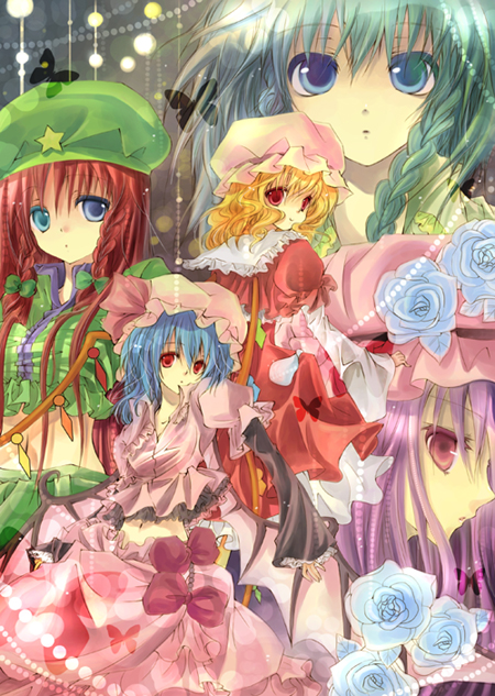 5girls bad_id bat_wings beret blue_eyes bow china_dress chinese_clothes crescent crystal demon_wings dress expressionless female flandre_scarlet from_behind green_eyes hat hong_meiling izayoi_sakuya looking_at_viewer looking_back mob_cap multiple_girls patchouli_knowledge pink_bow profile purple_hair rabishia red_dress red_eyes redhead remilia_scarlet silver_hair star the_embodiment_of_scarlet_devil touhou upper_body vampire violet_eyes wings