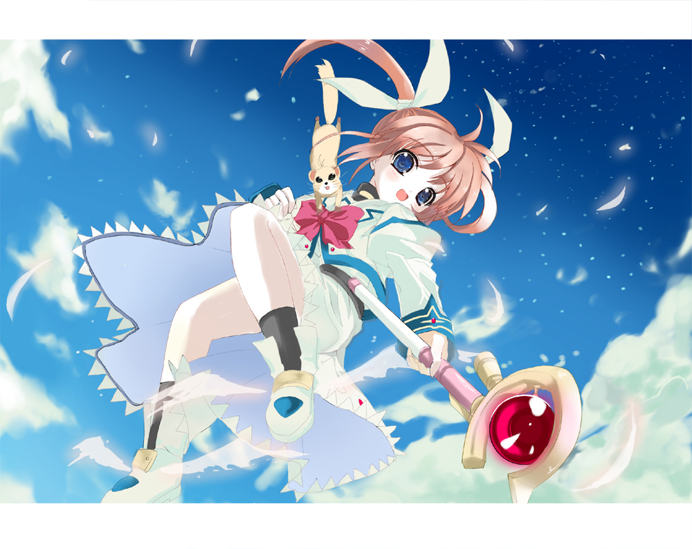 00s 1girl :d animal ankle_wings bangs black_legwear blue_eyes blue_sky blush boots bow bowtie clouds ferret from_below hair_ribbon holding_staff juliet_sleeves kneehighs letterboxed long_hair long_sleeves lyrical_nanoha magical_girl mahou_shoujo_lyrical_nanoha open_mouth orange_hair petals pink_bow puffy_sleeves raising_heart red_bow red_bowtie redhead ribbon shino_(eefy) shoes sky smile staff star_(sky) takamachi_nanoha twintails upskirt violet_eyes white_boots white_ribbon winged_shoes wings yuuno_scrya