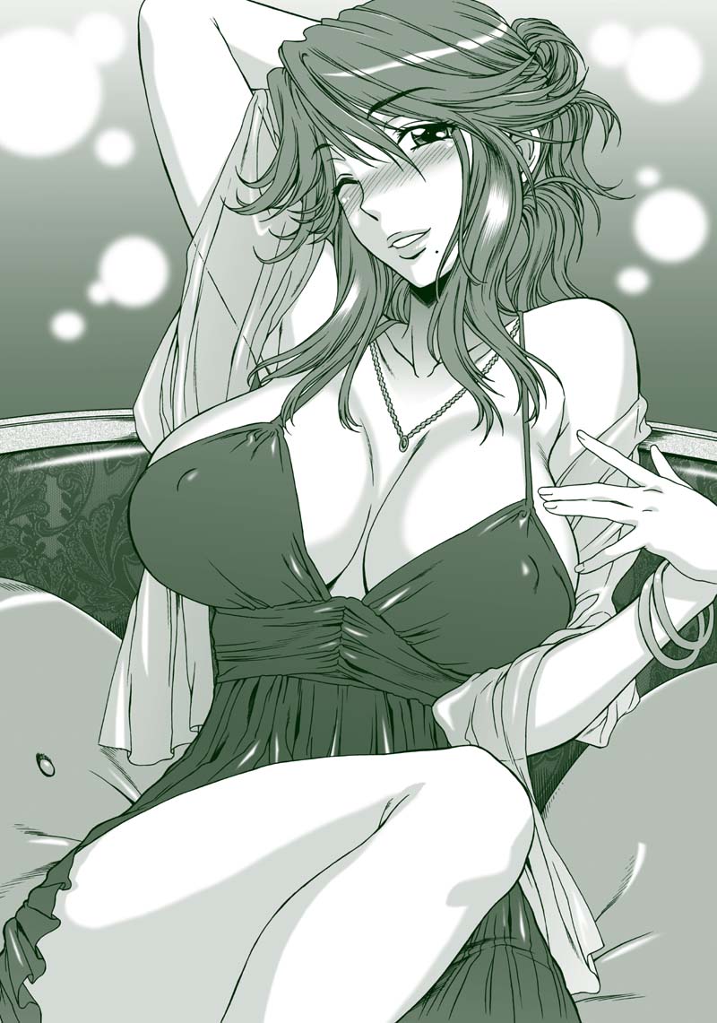 1girl arm_up blush breasts breasts_apart cleavage green hanzaki_jirou jewelry large_breasts lips long_hair mole monochrome necklace one_eye_closed solo