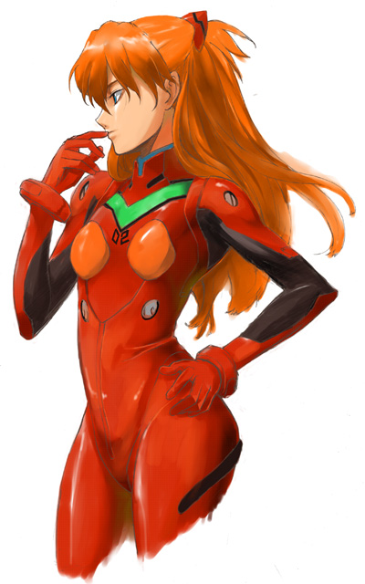 1girl bad_id bangs blue_eyes bodysuit bracer breasts cowboy_shot cropped_legs finger_to_mouth from_side gloves hair_between_eyes hair_ornament hand_on_hip long_hair miyata_ryuuichi neon_genesis_evangelion number orange_hair pilot_suit plugsuit profile simple_background small_breasts solo souryuu_asuka_langley turtleneck two_side_up white_background