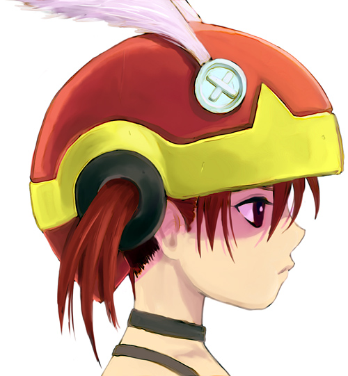 40010prototype akazukin brown_eyes feathers helmet otogi-jushi_akazukin profile redhead short_hair twintails