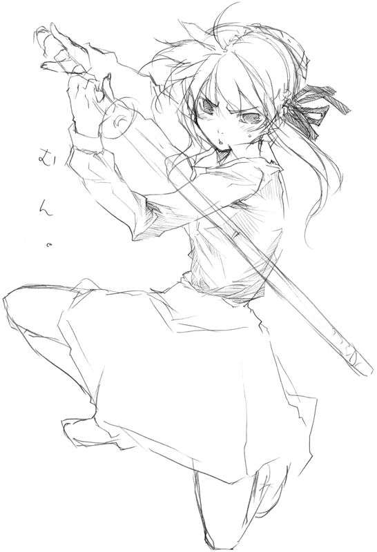 akari_maki fate/stay_night fate_(series) monochrome saber shinai sketch sword weapon