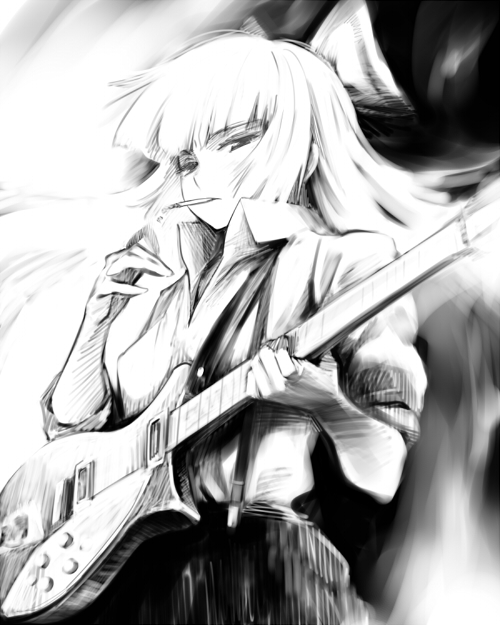 bangs blunt_bangs bow cigarette flat_gaze fujiwara_no_mokou guitar hair_bow hands hime_cut instrument looking_at_viewer monochrome music popped_collar shirt sleeves_rolled_up smoking solo suspenders touhou white_hair yurikawa