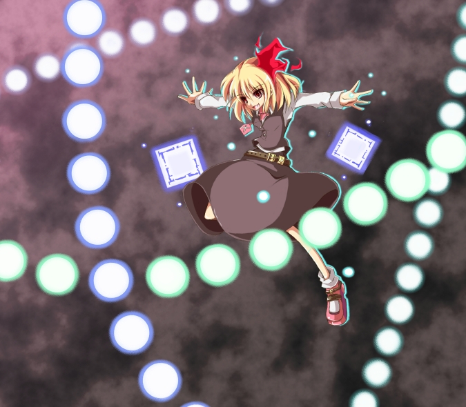 belt blonde_hair danmaku fang flying hair_ribbon open_mouth outstretched_arms red_eyes ribbon rumia sanshirou short_hair smile solo spread_arms touhou