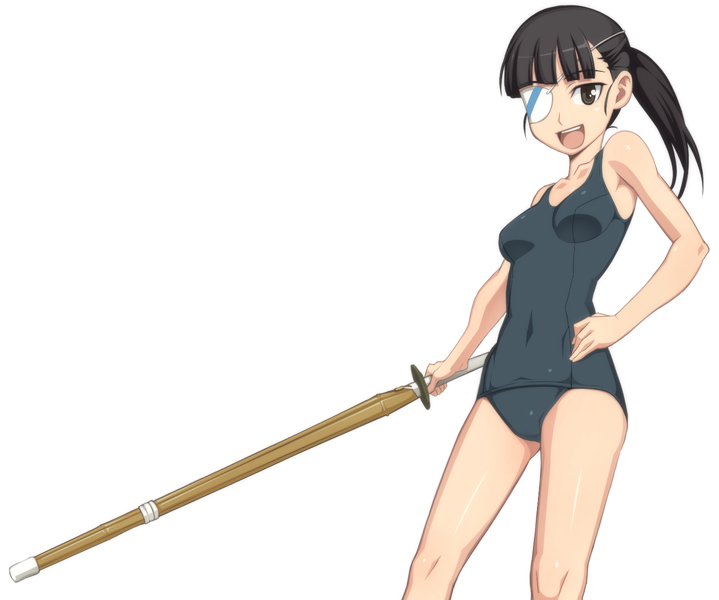 black_hair caryo eyepatch hand_on_hip nanashino one-piece_swimsuit open_mouth ponytail sakamoto_mio school_swimsuit shinai simple_background smile strike_witches swimsuit sword weapon