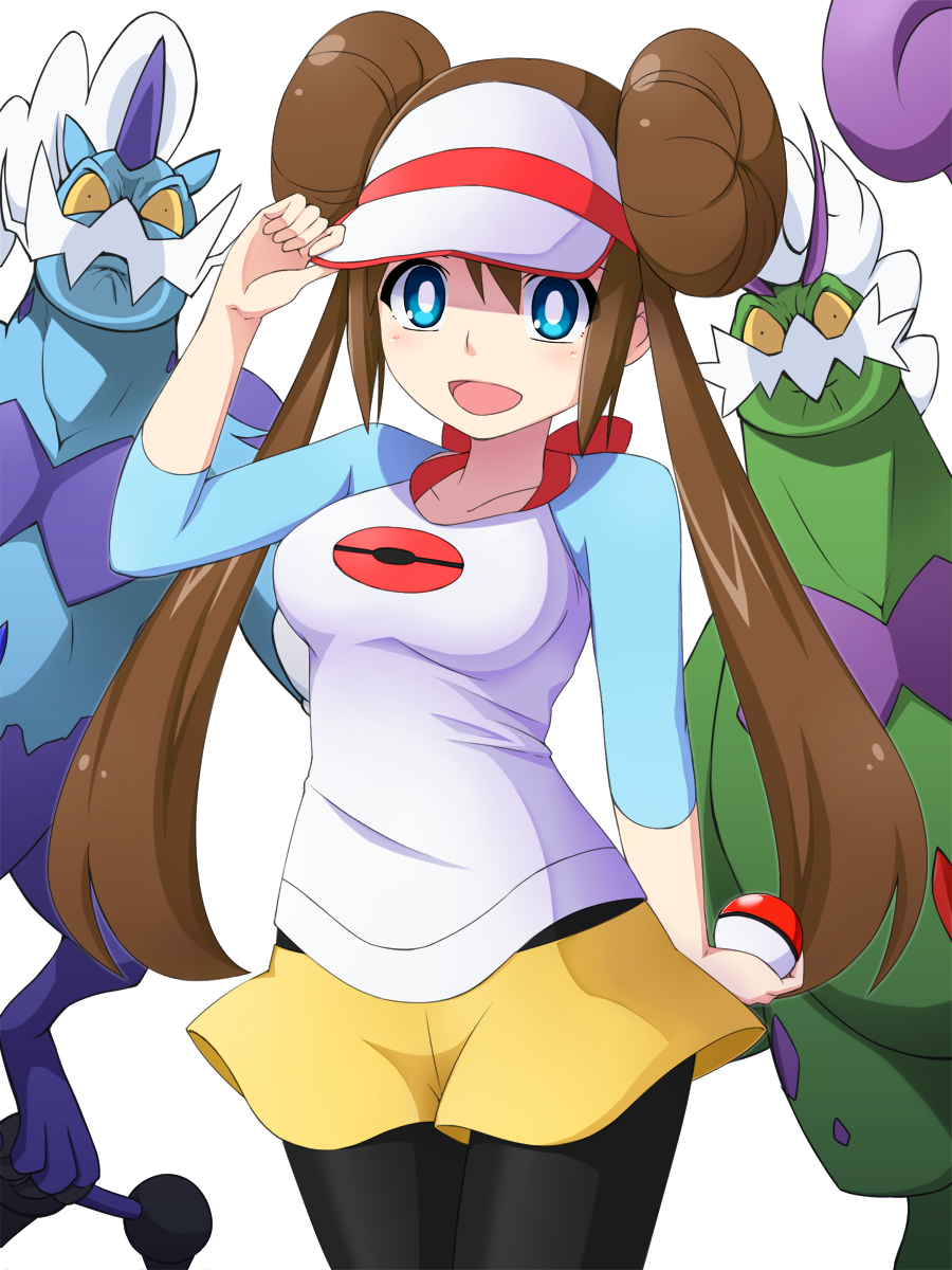 1girl blue_eyes brown_hair cerasus character_request double_bun highres long_hair looking_at_viewer mei_(pokemon) open_mouth pantyhose poke_ball pokemon pokemon_(game) pokemon_bw2 raglan_sleeves skirt twintails visor_cap white_background