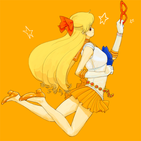 aino_minako azuma_yukihiko bad_id belt bishoujo_senshi_sailor_moon blonde_hair blue_eyes bow elbow_gloves flats glasses gloves hair_bow jewelry jewelry_star_bracelet jumping long_hair magical_girl miniskirt orange_(color) orange_background orange_dress pretty_guardian_sailor_moon sailor_venus simple_background skirt solo star