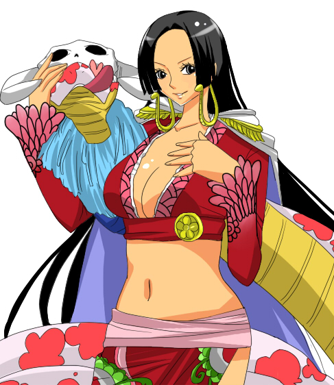 black_hair boa_hancock breasts cape chiroru_shimai cleavage earrings hebihime jewelry midriff navel one_piece salome_(one_piece)