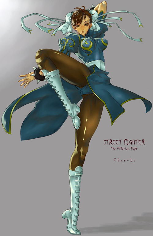bracelet breasts brown_eyes brown_hair bun_cover capcom china_dress chinadress chinese_clothes chun-li double_bun erect_nipples foocon jewelry pantyhose ribbon short_hair spiked_bracelet spikes street_fighter street_fighter_ii thighs