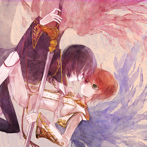 black_hair brown_hair cape code_geass gloves kururugi_suzaku lelouch_lamperouge pechika sword weapon wings