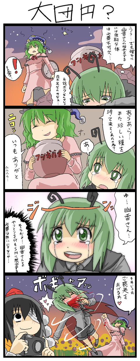 4koma anger_vein antennae bandages black_eyes black_hair blood blush camera cape clenched_hand clock closed_eyes comic dress frills green_eyes green_hair happy hat heart highres kazami_yuuka kazami_yuuka_(pc-98) kujira_lorant masochism multiple_girls nightcap nightgown punching sadism shameimaru_aya sky smile sparkle spinning star_(sky) starry_sky tears tokin_hat touhou touhou_(pc-98) translated translation_request wriggle_nightbug