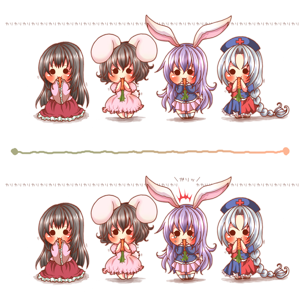 basara_(pixiv30642) black_hair blush braid bunny_ears carrot chibi eating houraisan_kaguya inaba_tewi long_hair purple_hair rabbit_ears reisen_udongein_inaba short_hair silver_hair tears touhou uvnono yagokoro_eirin