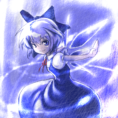 &gt;:) 1girl blue_eyes blue_hair bow cirno dress female hair_bow lain lowres no_nose outstretched_arms short_hair smirk solo spread_arms the_embodiment_of_scarlet_devil touhou wings