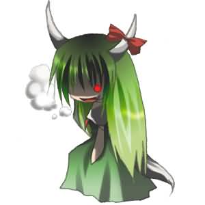 caved chibi ex-keine female green_hair grin horns kamishirasawa_keine lowres red_eyes ribbon smile touhou