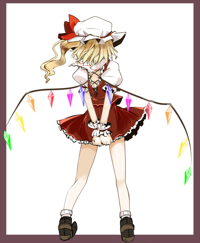 1girl arms_behind_back back blonde_hair female flandre_scarlet from_behind hat ponytail solo takaharu the_embodiment_of_scarlet_devil touhou wings wrist_cuffs