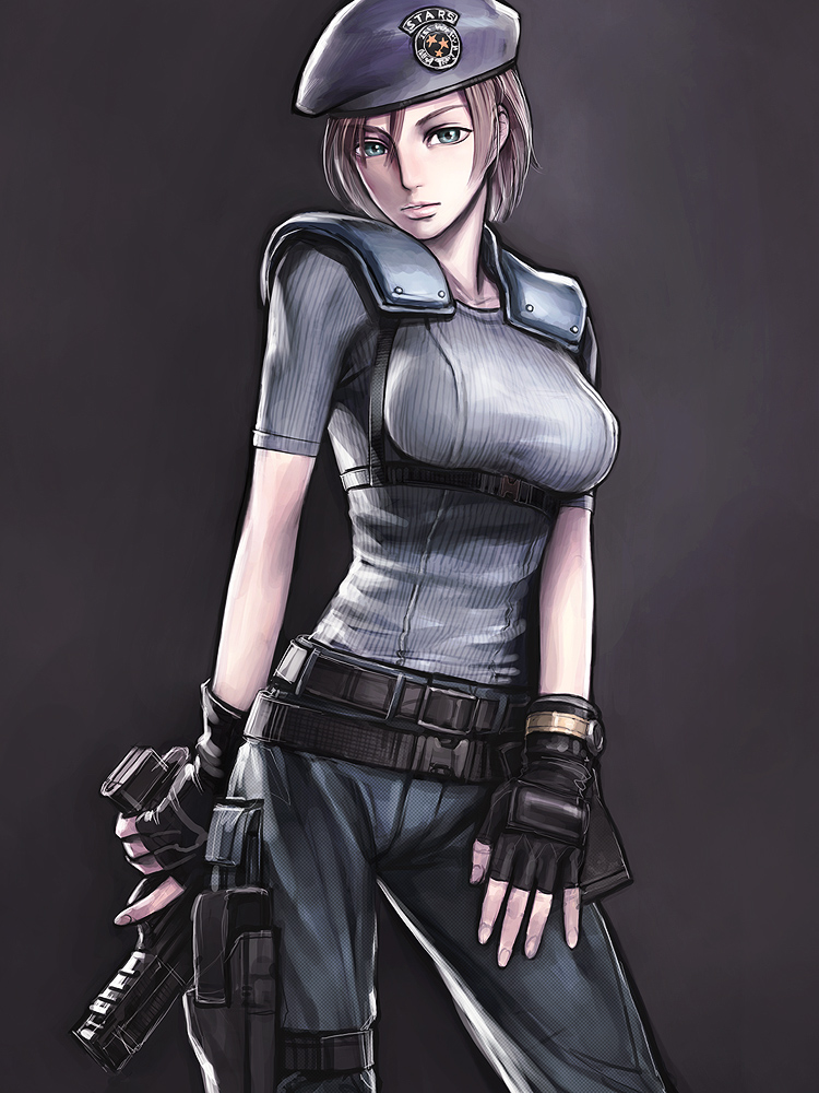 1girl blue_eyes breasts brown_hair capcom fingerless_gloves gloves gun handgun hat holding holding_gun holding_weapon iwai_ryou jill_valentine large_breasts lips pistol resident_evil ribbed_shirt ryo_iwai shirt short_hair solo trigger_discipline weapon