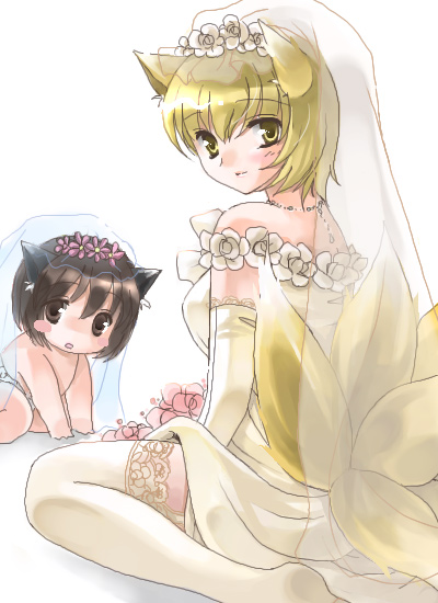2girls animal_ears blonde_hair blush_stickers bride brown_eyes brown_hair chen coco_(artist) diaper dress elbow_gloves female flower fox_ears fox_tail gloves lace lace-trimmed_thighhighs multiple_girls multiple_tails sitting tail thigh-highs touhou wariza wedding_dress yakumo_ran yellow_eyes younger