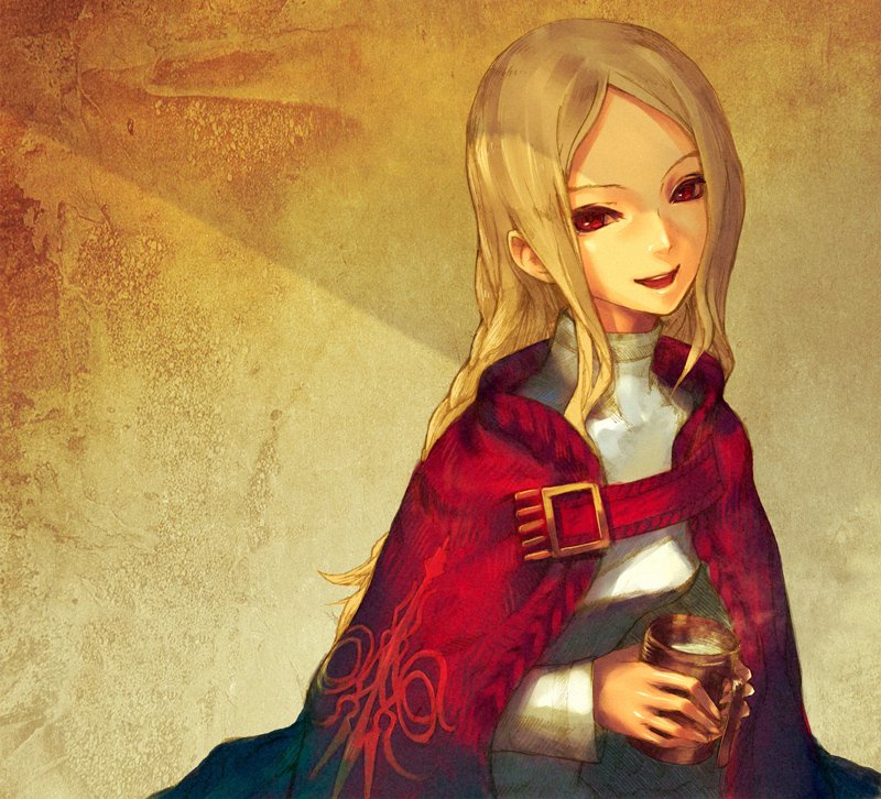 1girl bad_id blonde_hair cape final_fantasy final_fantasy_tactics ovelia_atkascha red_eyes redjuice smile solo