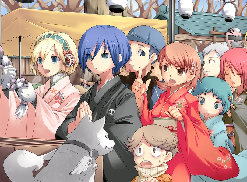 4boys 4girls aegis aegis_(persona) alternate_costume amada_ken arisato_minato atlus bad_id blonde_hair blue_hair dog everyone festival gloves hat headphones iori_junpei japanese_clothes kimono kirijou_mitsuru knucklecurve koromaru multiple_boys multiple_girls new_year persona persona_3 sanada_akihiko takeba_yukari yamagishi_fuuka yuuki_makoto