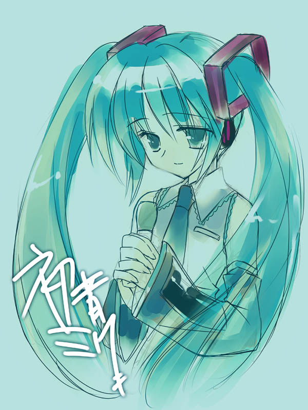 1girl aqua_hair blue collared_shirt detached_sleeves grey_shirt hair_ornament hatsune_miku headphones holding interlocked_fingers long_hair looking_down microphone necktie rei_(artist) rei_(rei's_room) shirt simple_background sketch solo twintails upper_body vocaloid