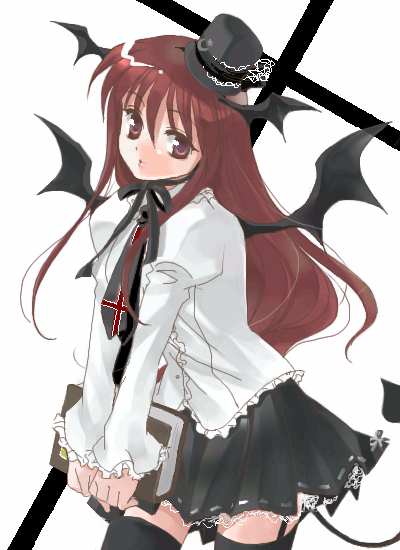 1girl alternate_costume ascot bat_wings black_legwear book coco_(artist) cross demon_tail female frills garter_straps hat head_tilt head_wings holding holding_book inverted_cross koakuma lace long_hair long_sleeves looking_at_viewer mini_hat mini_top_hat red_eyes redhead shirt simple_background skirt solo tail the_embodiment_of_scarlet_devil thigh-highs top_hat touhou v_arms white_background white_shirt wings zettai_ryouiki