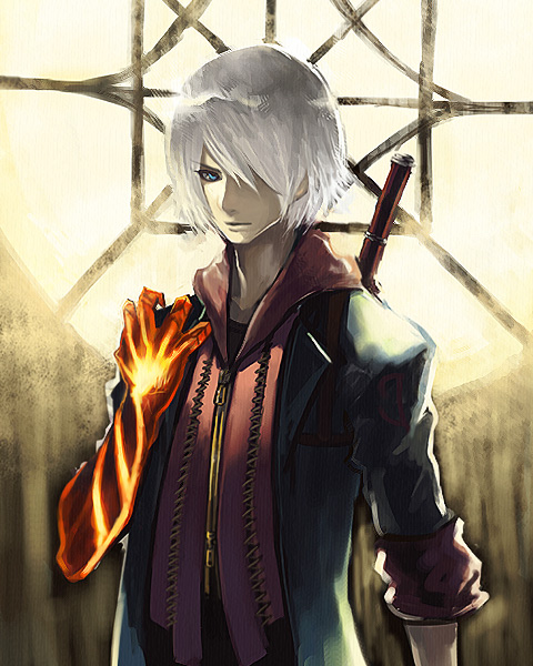 1boy blue_eyes capcom devil_bringer devil_may_cry devil_may_cry_4 elbow_gloves fire gloves hair_over_one_eye male_focus memememe nero_(devil_may_cry) red_queen_(sword) solo sword weapon white_hair
