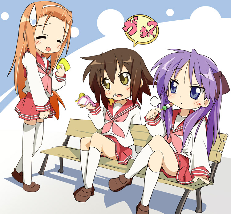 bench eating footwear hiiragi_kagami ixy kneehighs kusakabe_misao long_hair lucky_star minegishi_ayano school_uniform serafuku sitting socks thigh-highs