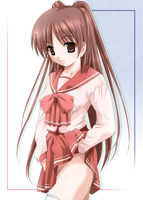 1girl bow bowtie brown_eyes brown_hair collarbone kousaka_tamaki long_hair long_sleeves looking_at_viewer pleated_skirt red_bow red_bowtie red_skirt shirt skirt solo thigh-highs to_heart_2 twintails very_long_hair white_shirt