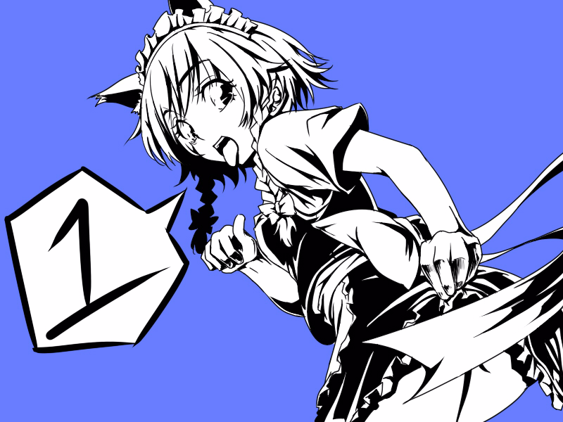 1girl :p animal_ears bad_id blue_background blush braid cat_ears dress female frills from_behind izayoi_sakuya kemonomimi_mode looking_back maid_headdress monochrome puffy_short_sleeves puffy_sleeves running satori satori_(transient_wind) short_sleeves simple_background solo tongue tongue_out touhou twin_braids