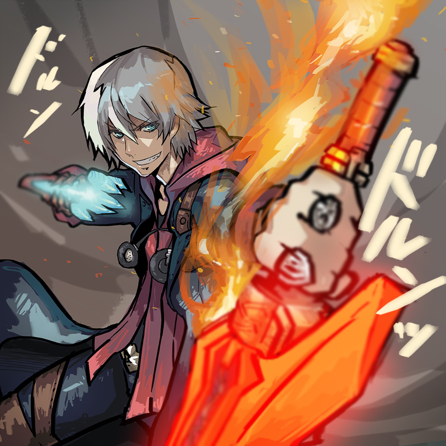 1boy blue_eyes capcom devil_bringer devil_may_cry devil_may_cry_4 fire grin headphones male_focus memememe nero_(devil_may_cry) red_queen_(sword) silver_hair smile solo sword weapon white_hair