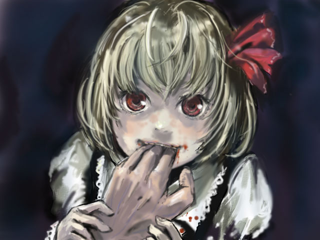 1girl biting blonde_hair blood female gaia holding_hand looking_at_viewer red_eyes ribbon rumia short_hair solo_focus the_embodiment_of_scarlet_devil touhou youkai