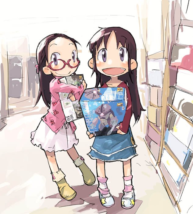 2girls :d acguy brown_hair child figure glasses gunpla hashimoto_shin long_hair multiple_girls no_nose open_mouth original pigeon-toed red-framed_glasses road smile street toy