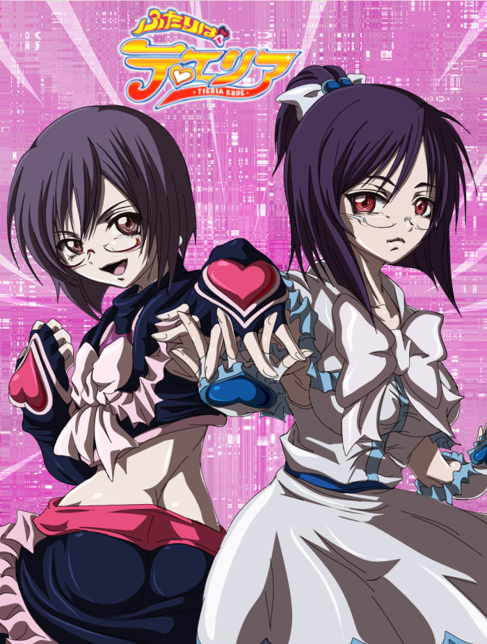 2girls bad_id clone cosplay cure_black cure_black_(cosplay) cure_white cure_white_(cosplay) futari_wa_precure genderswap glasses gundam gundam_00 half_updo heart madhatter_hello magical_girl midriff multiple_girls parody pink_background ponytail precure siblings tieria_erde twins